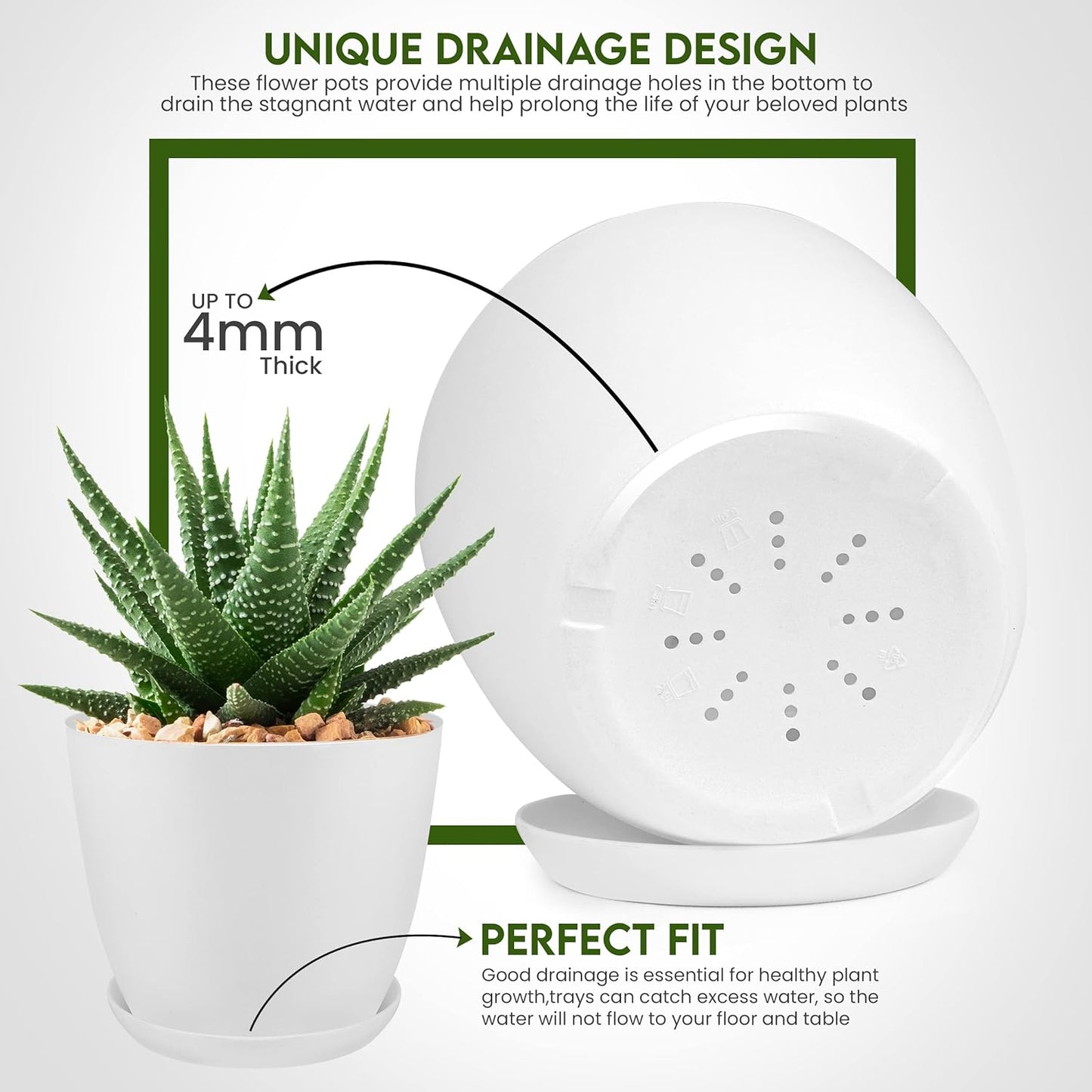 - Plant Pots Indoor with Drainage - 7/6.6/6/5.3/4.8 Inches Garden Flower Pots for Indoor Planter - 5 Pack White Plastic Planters - Ideal for Stocking Stuffers or Room, Office Home Decor