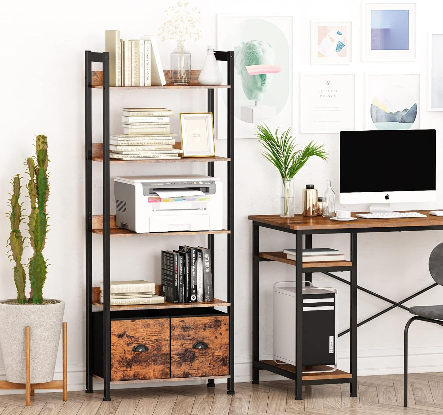 5-Tier Bookshelf, Tall Bookcase with 2 Storage Drawers, Industrial Display Standing Shelf Units, Wood and Metal Storage Shelf for Living Room, Bedroom, Home Office, Rustic Brown