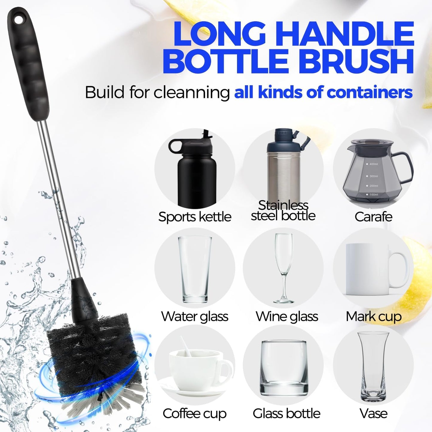Bottle Brush Cleaner Set, 14" Long Handle Stainless Steel Bottle Cleaner Brush, 3 Straw Cleaner Brush, Bottle Cleaning Brush for Water Bottle, Cups, Abrasive Wheel Brushes, Straws Black