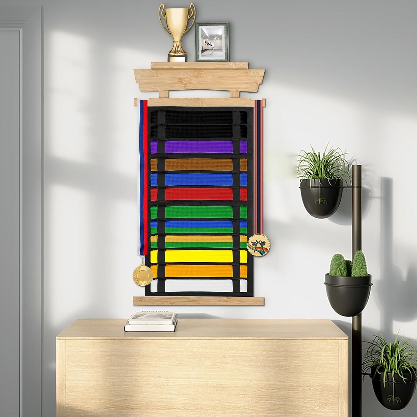 12-Belt Martial Arts Display Rack with Personalized Stickers, Bamboo Trophy Holder for Taekwondo, Karate, and BJJ Belts
