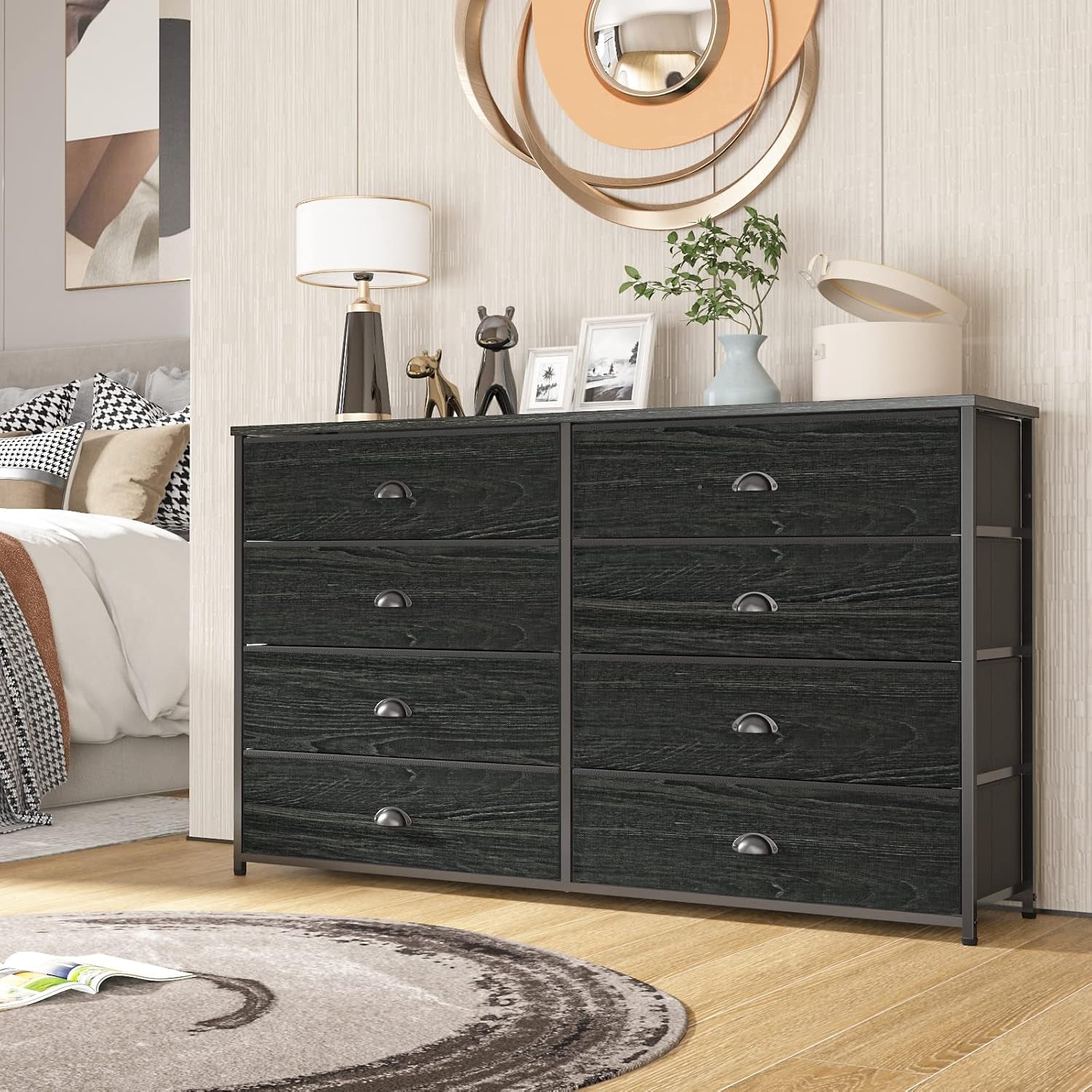 Elegant Wide Dresser with 8 Fabric Drawers and Wood Top for 55'' TV, Versatile Storage Solution for Bedroom, Living Room, Dorm, Closet, and Entryway (Black Oak)