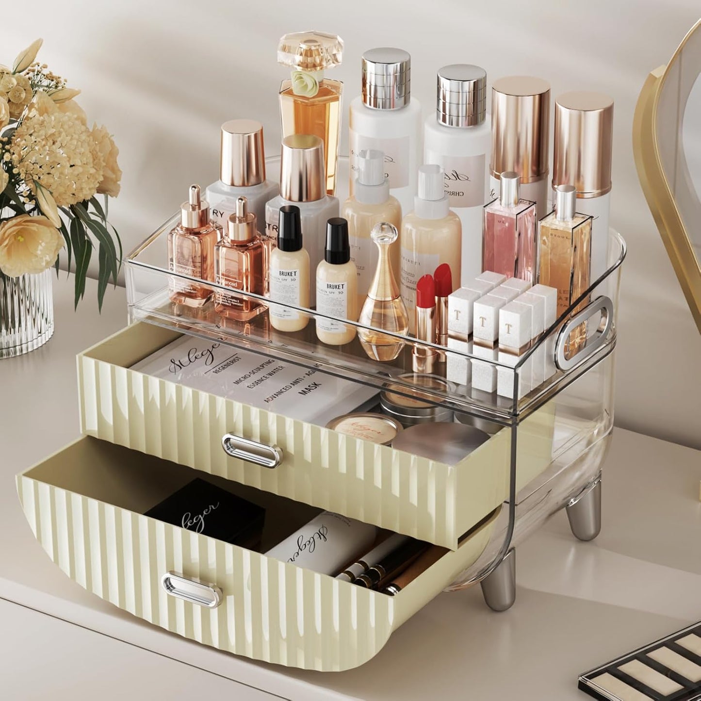 Makeup Organizer with 2 Drawers, Bathroom Storage with Four Non-Slip Feet and Dust-Proof, Simple and Stylish for Desktop, Vanity, Bathroom Countertops, White
