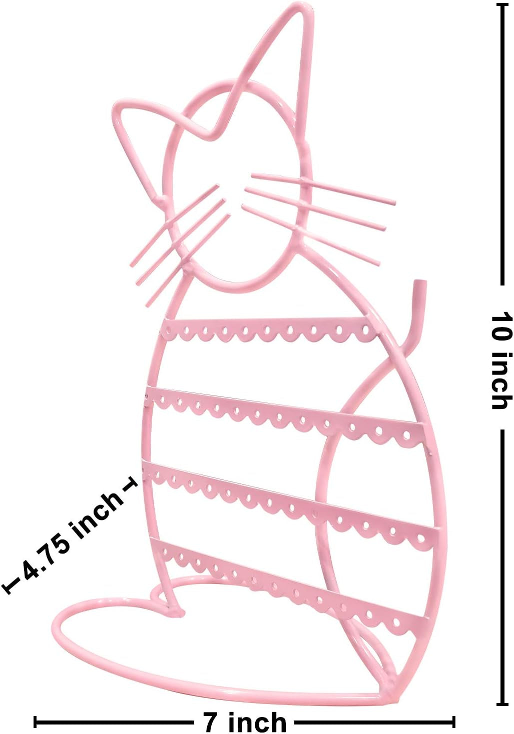 Jewelry Organizer Stand Cat Shaped Earring Holder Organizer Metal 48 Stud Earring Holes Jewelry Holder, Metal Jewelry Display Vanity Organizer for Girls - Macron Pink