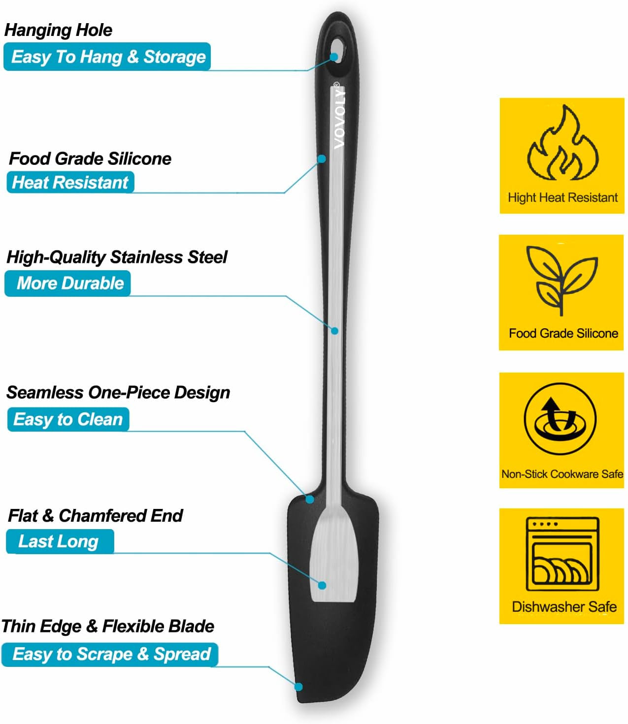 Silicone Jar Spatula, Small Rubber Scraper, Spatulas Silicone Heat Resistant, Seamless,Non Stick Cookware 11.2 Inch, Black.