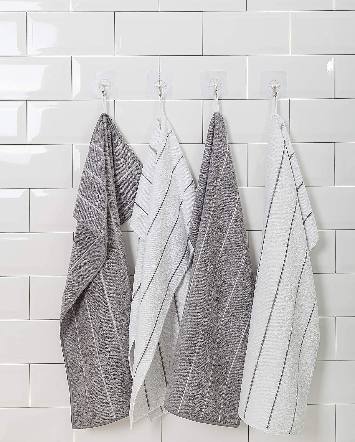 Microfiber Kitchen Towels - Super Absorbent, Soft and Solid Color Dish Towels, 8 Pack (Stripe Designed Grey and White Colors), 26 X 18 Inch