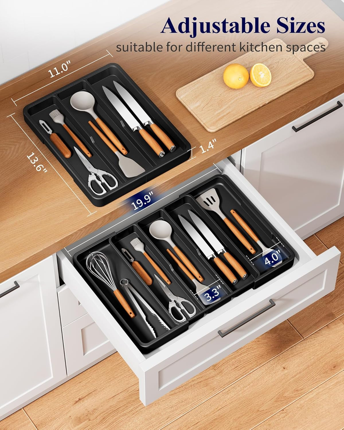 Expandable Silverware Organizer – Large Utensil Drawer Kitchen Organization with 5 Compartments, Easy-Clean, Home & Apartment Essentials, Black, 13.6" X 1.4"X 11.0"~19.9"