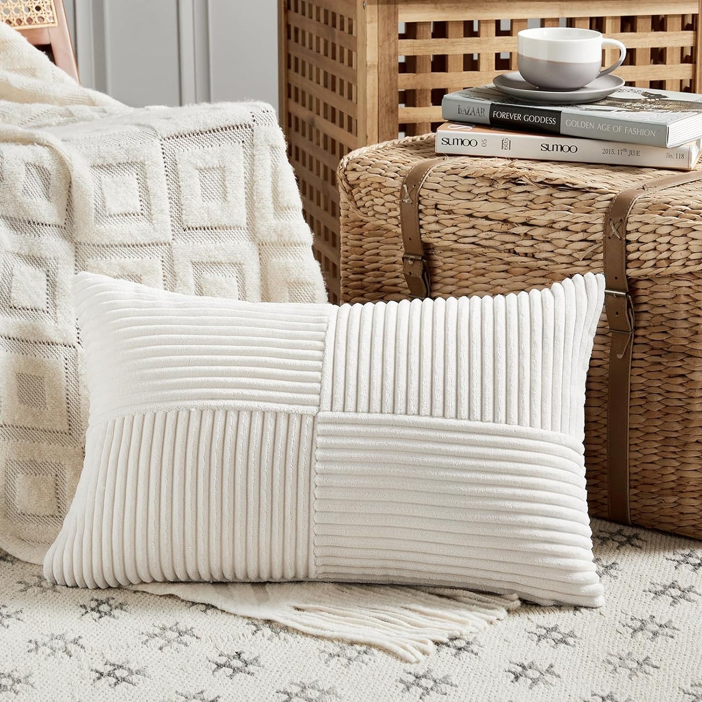 Cream White Lumbar Decorative Throw Pillow Covers 12X20 Inch for Living Room Couch Bed Sofa, Rustic Farmhouse Boho Home Decor, Soft Striped Corduroy Rectangle Accent Cushion Case 30X50 Cm