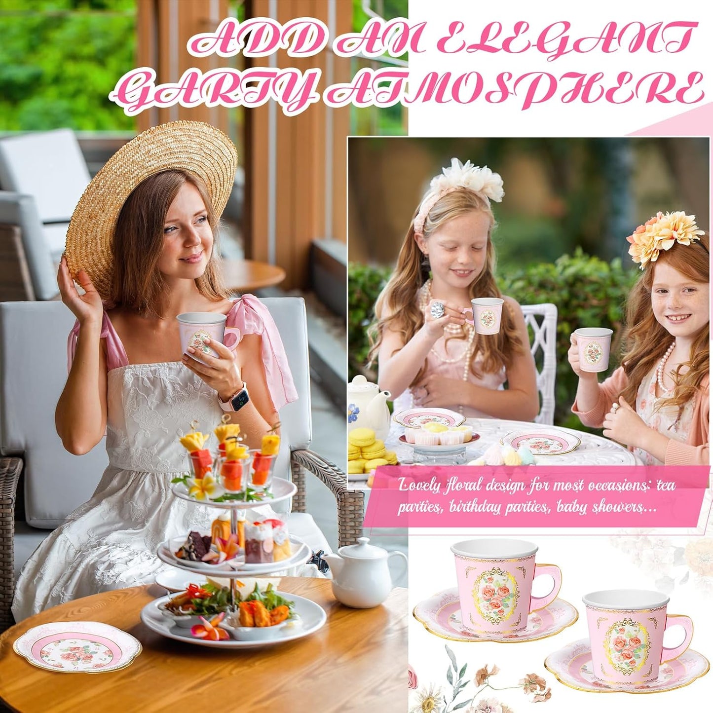 60 Sets of Floral Paper Tea Party Decorations - 6.5 Oz Disposable Teacups with Handles and Saucers for Hot and Cold Beverages - Pink Rustic Design for Birthday Celebrations