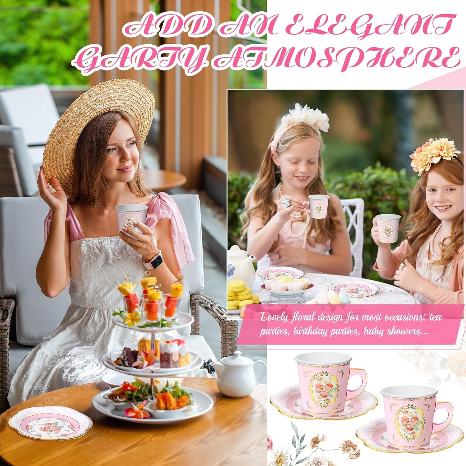 60 Sets of Floral Paper Tea Party Decorations - 6.5 Oz Disposable Teacups with Handles and Saucers for Hot and Cold Beverages - Pink Rustic Design for Birthday Celebrations