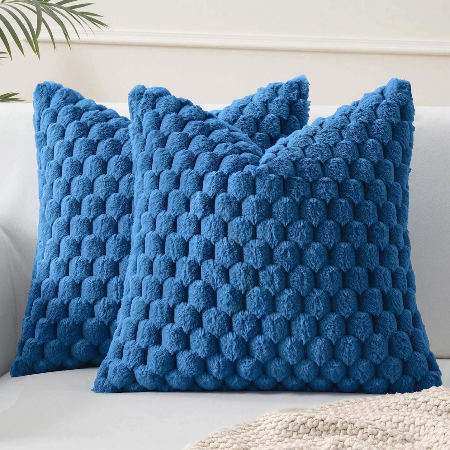 Navy Blue Faux Fur Decorative Throw Pillow Covers 18X18 Inch Set of 2 Super Soft Cozy Plush Cushion Cases Luxury Fluffy Pillowcases for Sofa Couch Bed Living Room