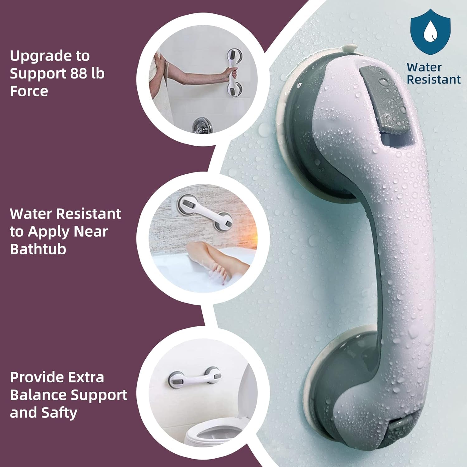 2 Pack Heavy-Duty Shower Grab Bars -  12 Inch Grey Suction Bar Handles for Elderly, Seniors, Handicap, Safety Balance Assist Grip for Bathroom, Toilet - Anti-Slip, Shower Handles Hand Rai