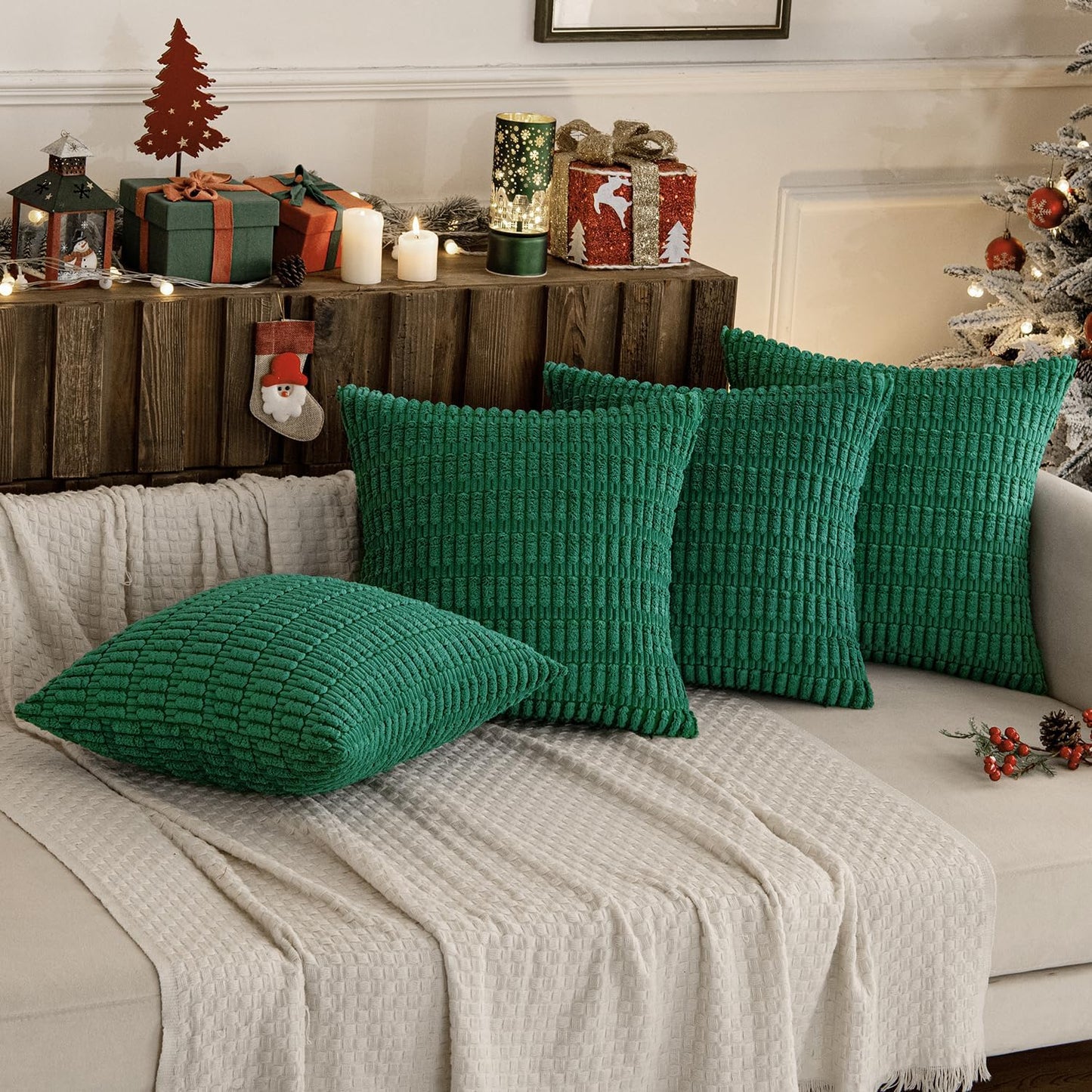 Pack of 4 Forest Green Corduroy Decorative Throw Pillow Covers 18X18 Inch Soft Boho Striped Pillow Covers Modern Farmhouse Home Decor for Sofa Living Room Couch Bed