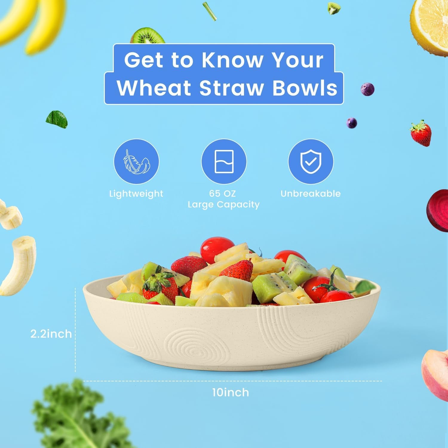 Large 65 Oz Wheat Straw Salad Bowls - Set of 6, 10 Inch Wide and Shallow Serving Bowls, Dishwasher Safe, Beige