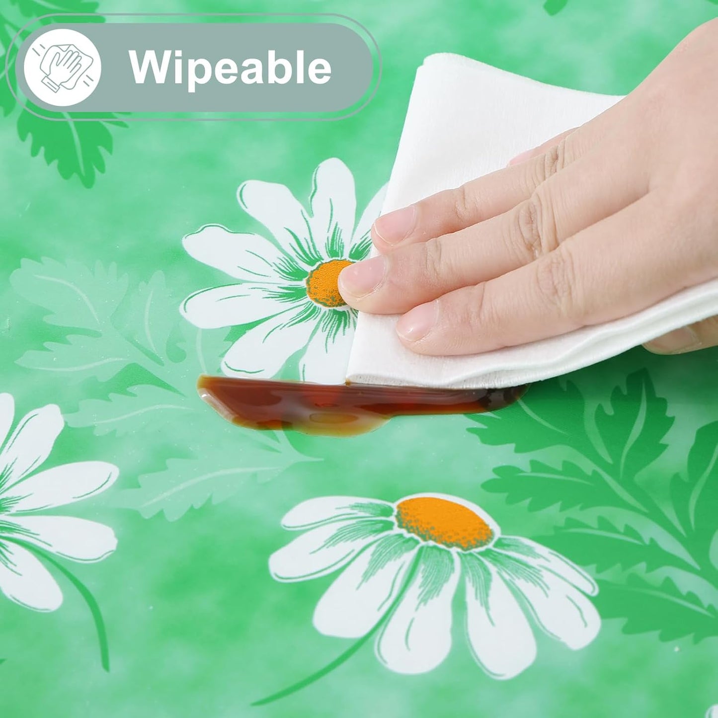 Rectangle Waterproof Vinyl Table Cloth, Wipeable Tablecloth with Flannel Backing, Plastic Table Cover for Dinner, Picnic, Indoor and Outdoor (Green Daisy, 60" X 84")
