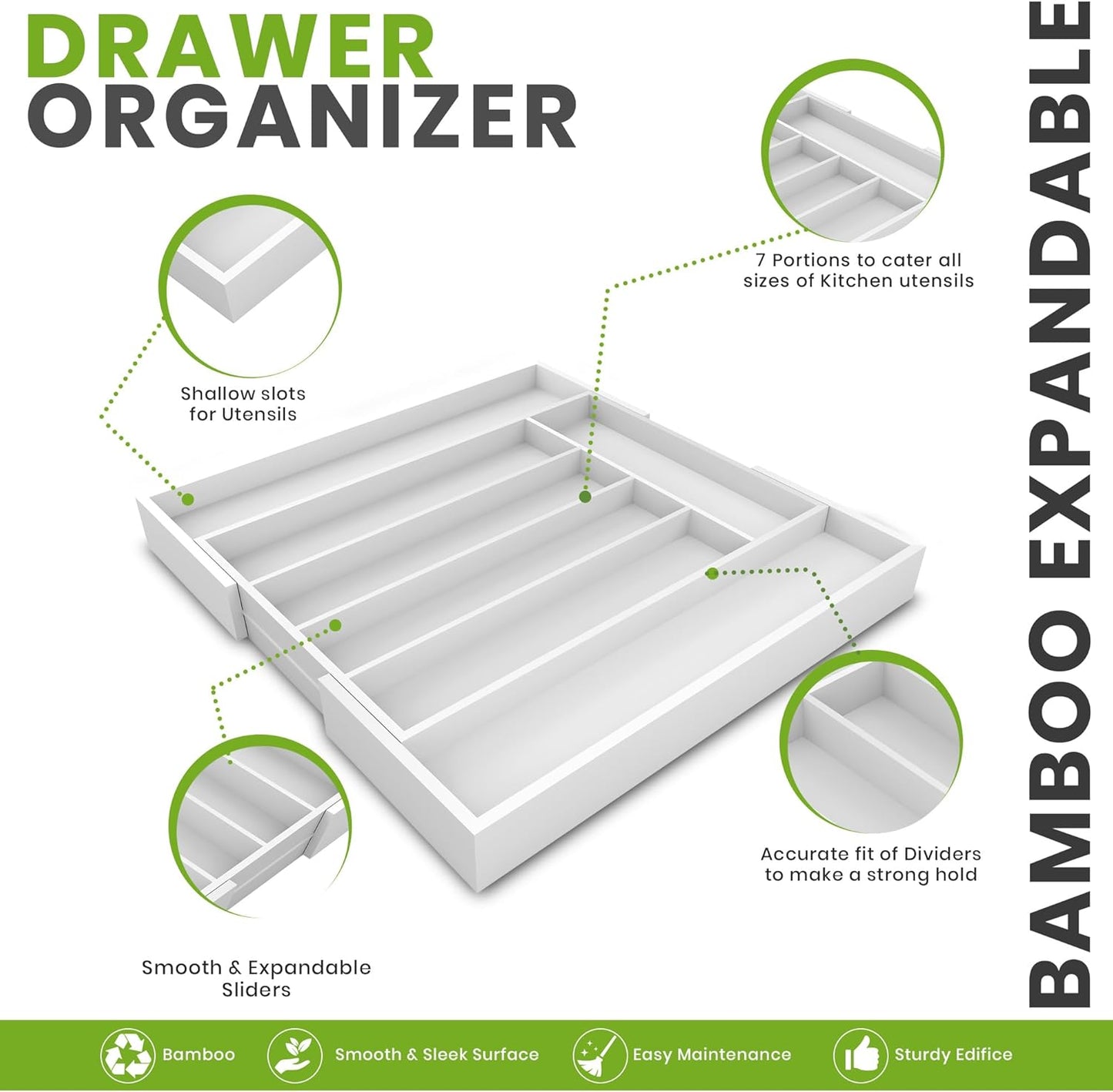 Expandable Bamboo Utensil Drawer Organizer, Silverware Organizer for Cutlery, Flatware Holder (5-7 Slots, White) - Pack of 1