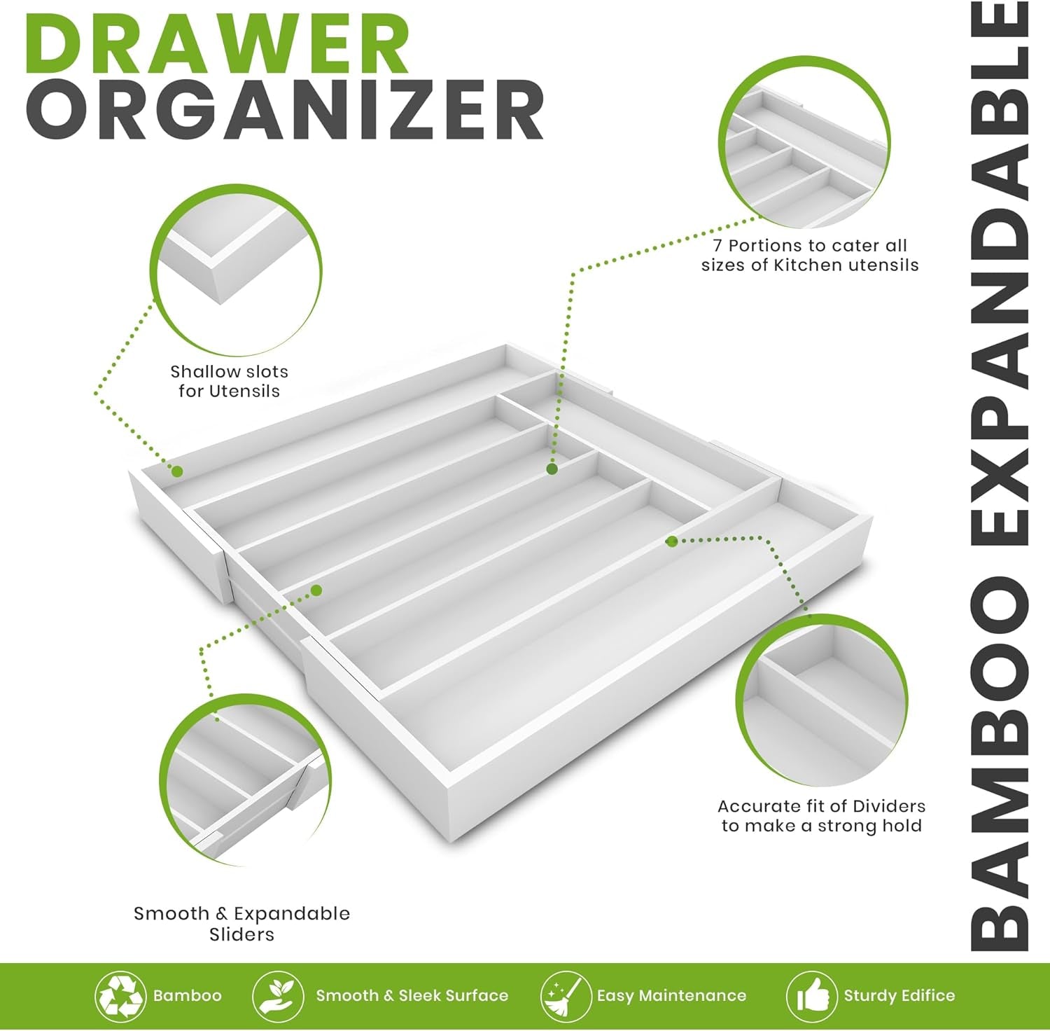 Expandable Bamboo Utensil Drawer Organizer, Silverware Organizer for Cutlery, Flatware Holder (5-7 Slots, White) - Pack of 1