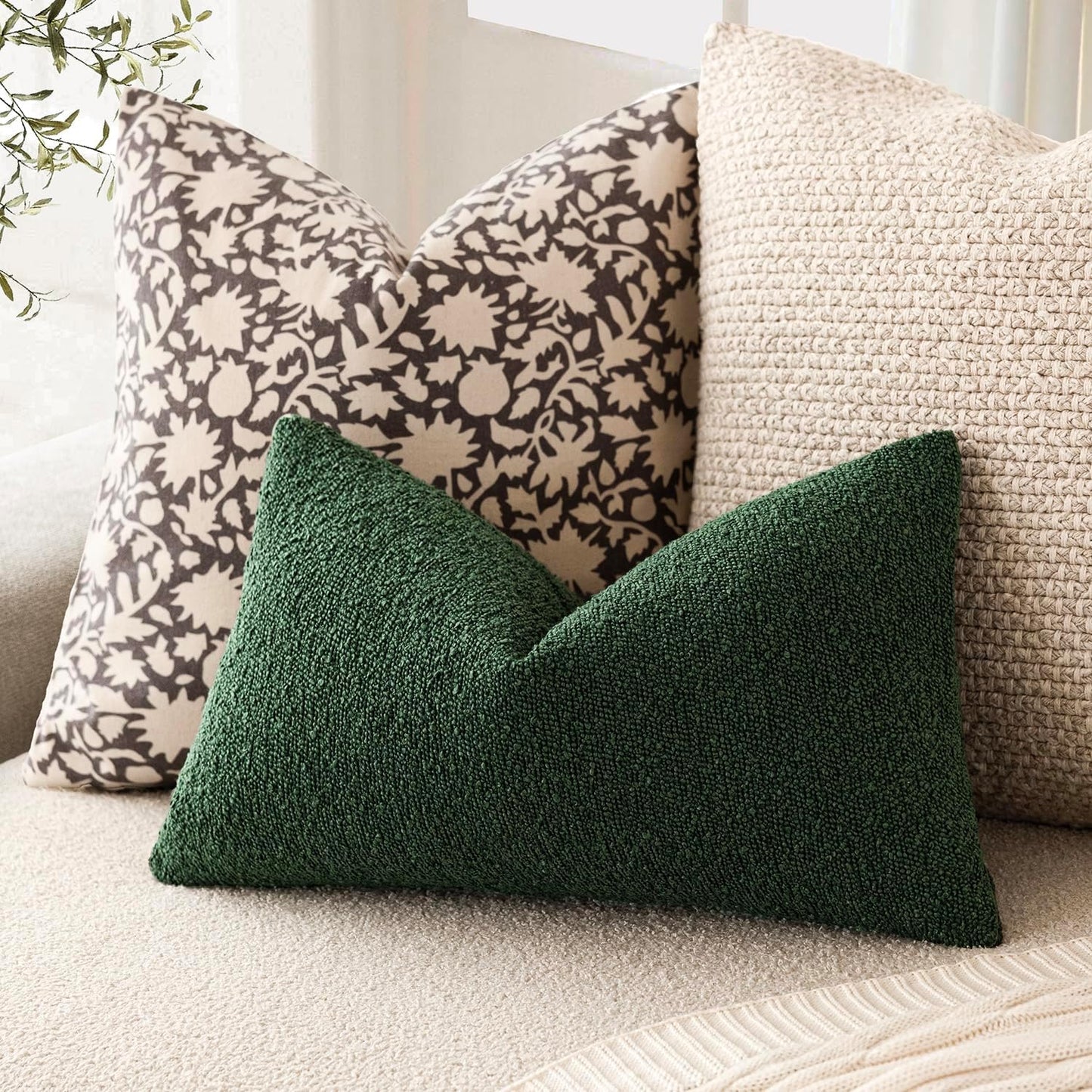 Pack of 2 Textured Boucle Throw Pillow Covers Accent Solid Decorative Lumbar Pillow Cases Soft Couch Cushion Case for Chair Sofa Bedroom Living Room Home Decor 12X20 Inch Pine Green