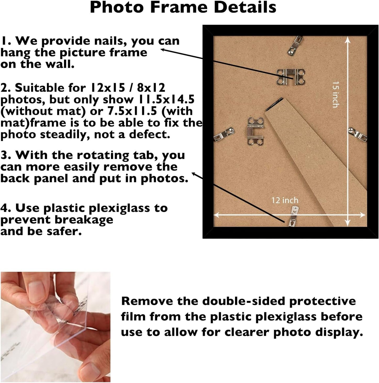 12X15 Picture Frame with Mat, Display 8X12 with Mat or 12 X 15 without Mat, Wood 12 by 15 Photo Frames for Wall Hanging, 1 Pack, Black