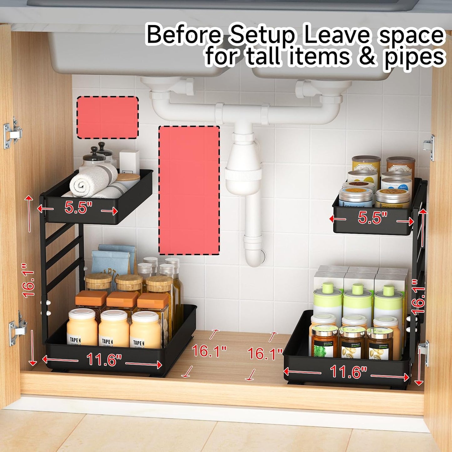 Height Adjustable 2 Tier Metal Pull Out Slide Shelf Organizer for under Sink Cabinets in Kitchen, Bathroom, with Snap-On Top Tray, 16" Deep (Black, 2 Sets)