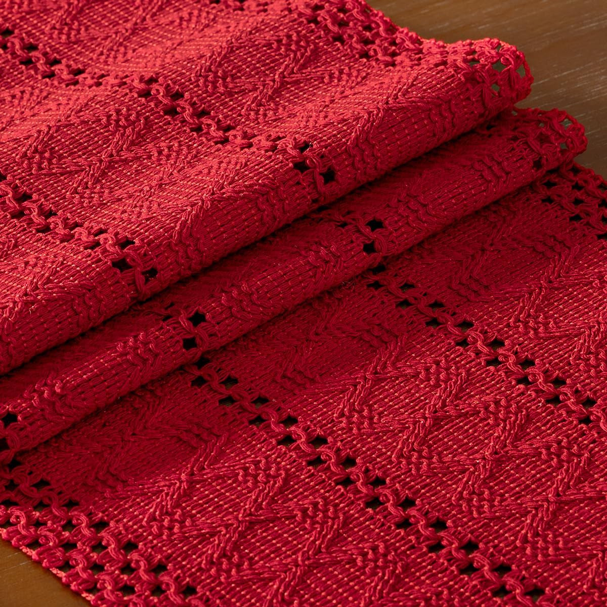 Boho Macrame Table Runner Fall Farmhouse Woven Small Table Runner with Tassels 36 Inches Red Cotton Linen Kitchen Table Centerpiece for Dining Dresser Home Tea Table Decor