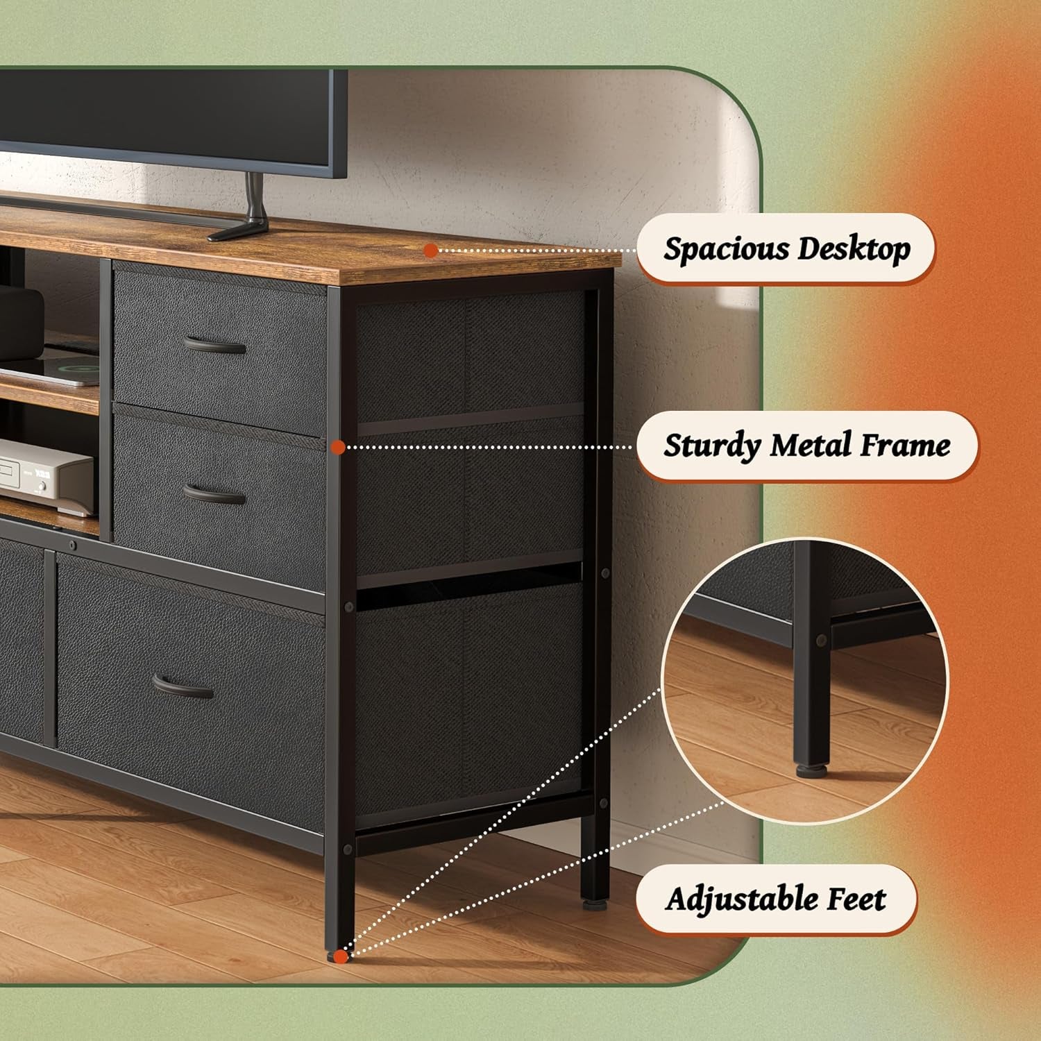 Rustic Brown and Black TV Stand Dresser with Power Outlets, LED Lighting, and 7 Drawers - 47 Inch Console