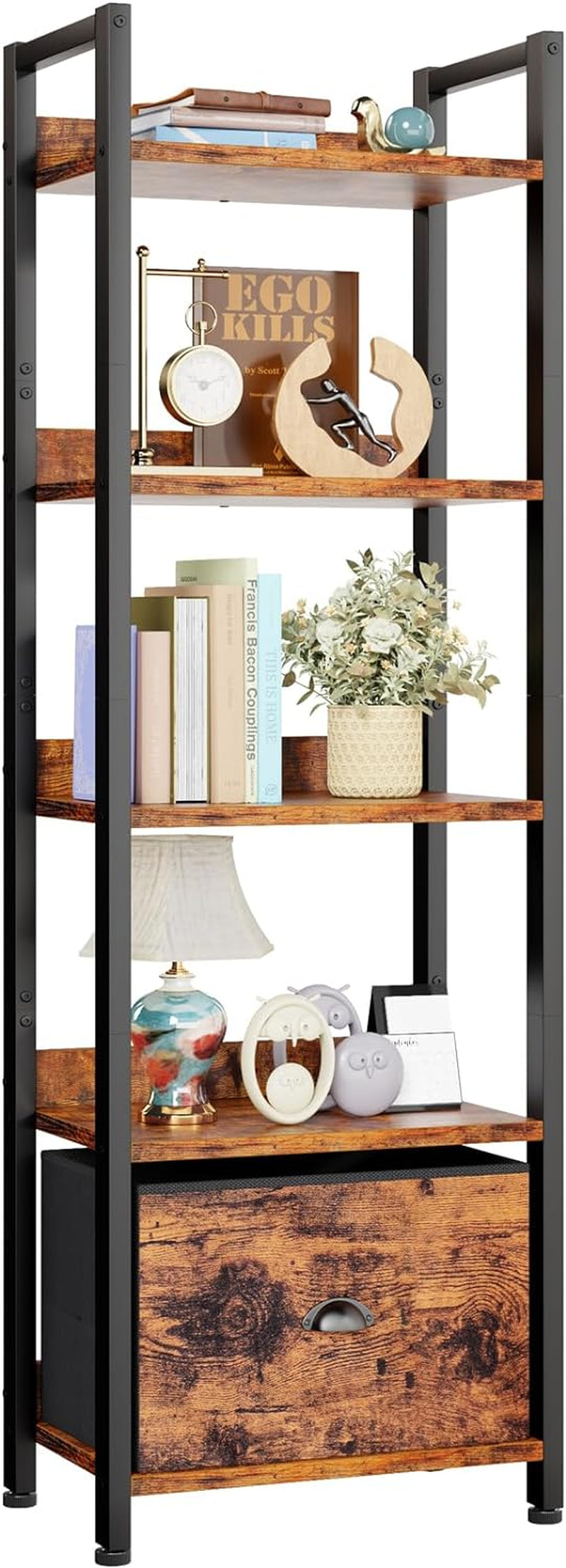 5 Tier Bookshelf with Drawer, Tall Narrow Bookcase with Shelves, Wood and Metal Bookshelves Storage Organizer, Industrial Display Standing Shelf Unit for Bedroom, Living Room, Rustic Brown