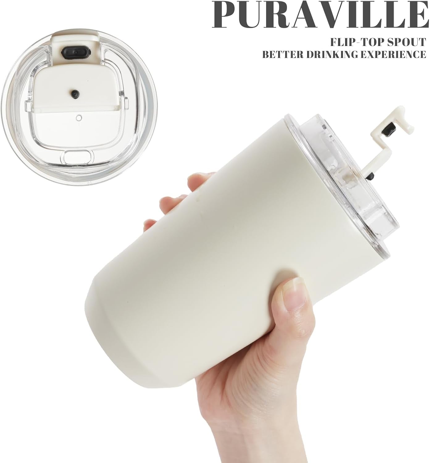 Insulated Tumblers with Lid, 14 Oz Travel Coffee Mug Stainless Steel Vacuum Cup, Leak Proof Reusable Double Walled Coffee Tumbler for Iced and Hot Drinks, Cream