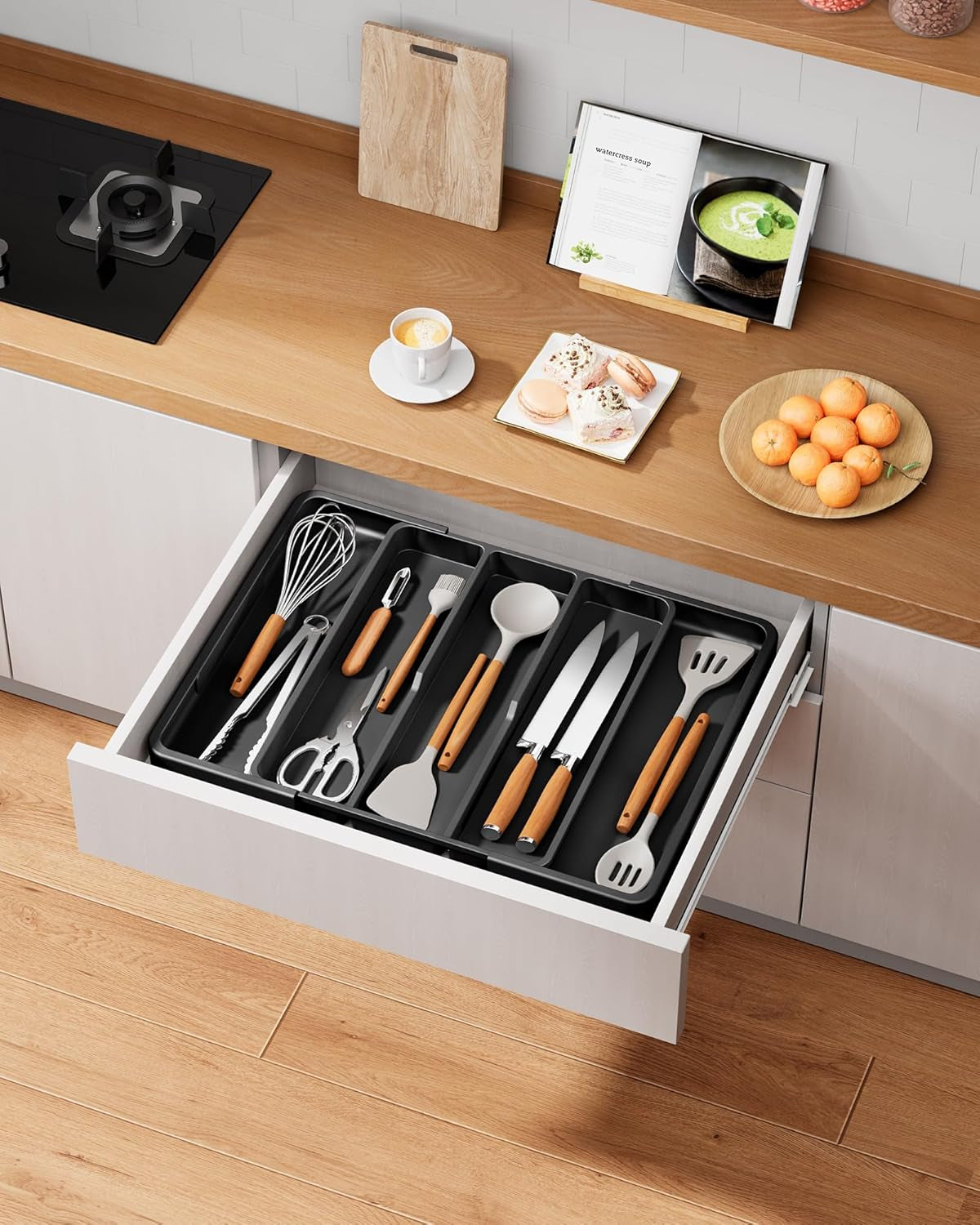 Expandable Silverware Organizer – Large Utensil Drawer Kitchen Organization with 5 Compartments, Easy-Clean, Home & Apartment Essentials, Black, 13.6" X 1.4"X 11.0"~19.9"
