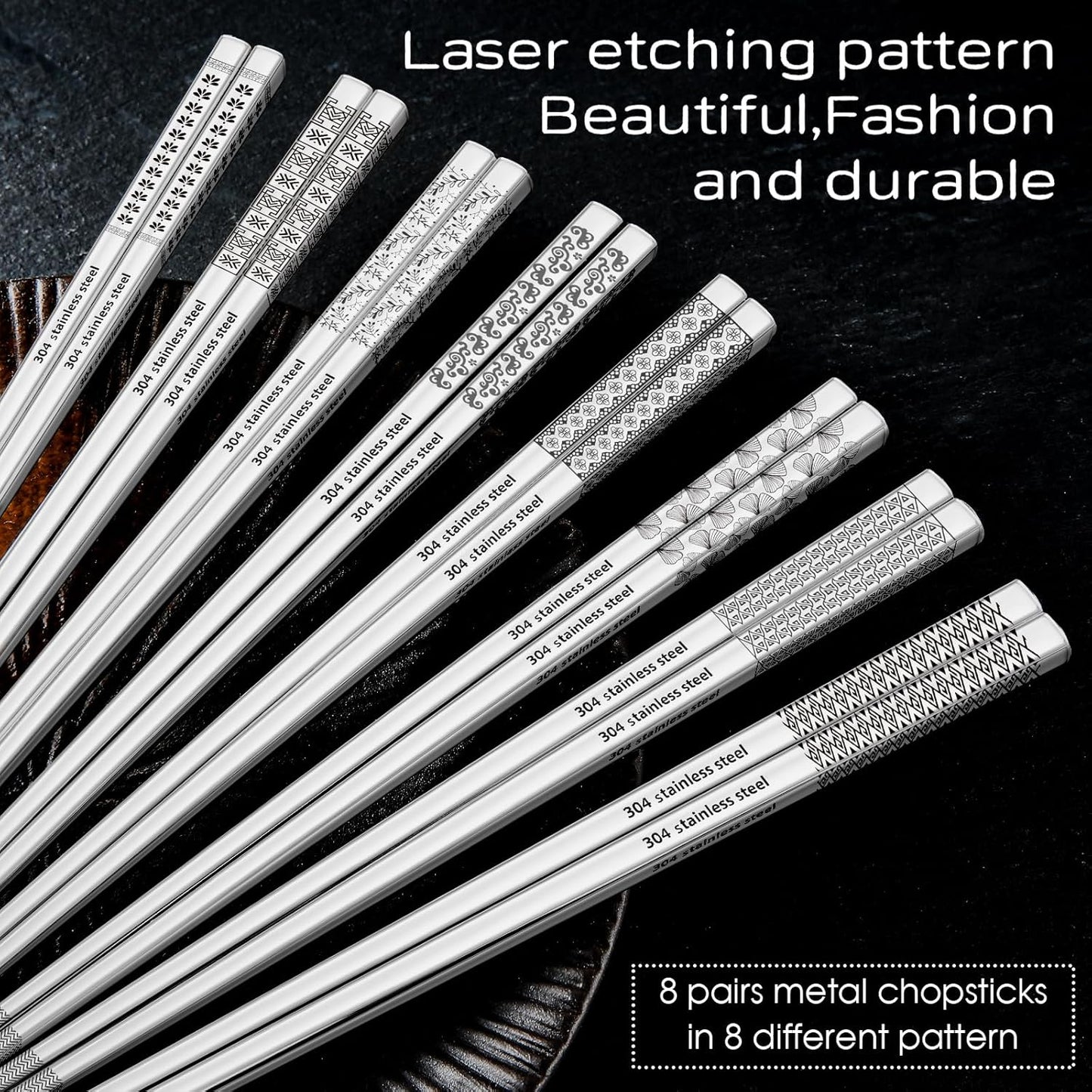 8 Pairs Metal Chopsticks Reusable 18/8 Stainless Steel Chopsticks Set Cute Laser Engraved Non-Slip Japanese Korean Chinese Chopstick for Cooking Eating Dishwasher Safe 9.25" Chop Sticks Gift Set
