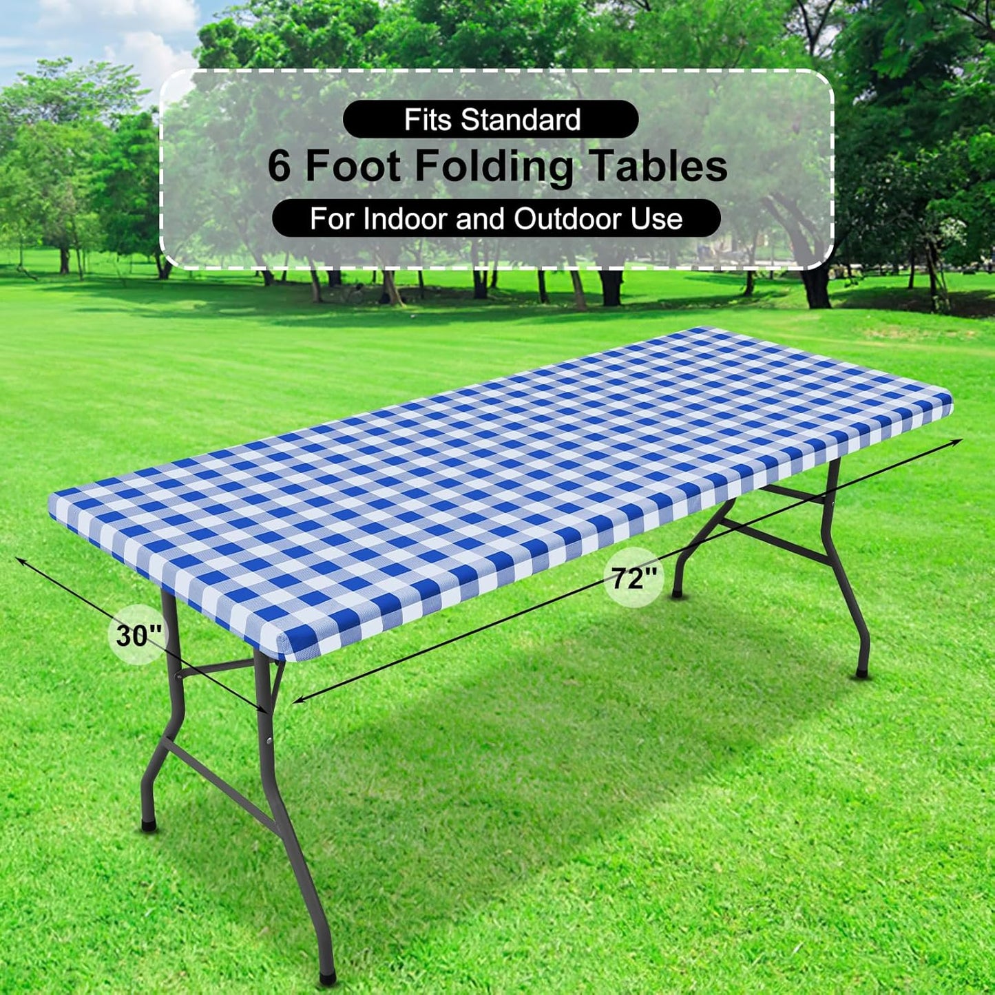 Buffalo Rectangle Picnic Tablecloth, 6 Foot Elastic Fitted Vinyl Table Cloth with Flannel Backing, Waterproof Plaid Table Covers for Dining, Camping, Outdoor (Blue and White, 30" X 72")