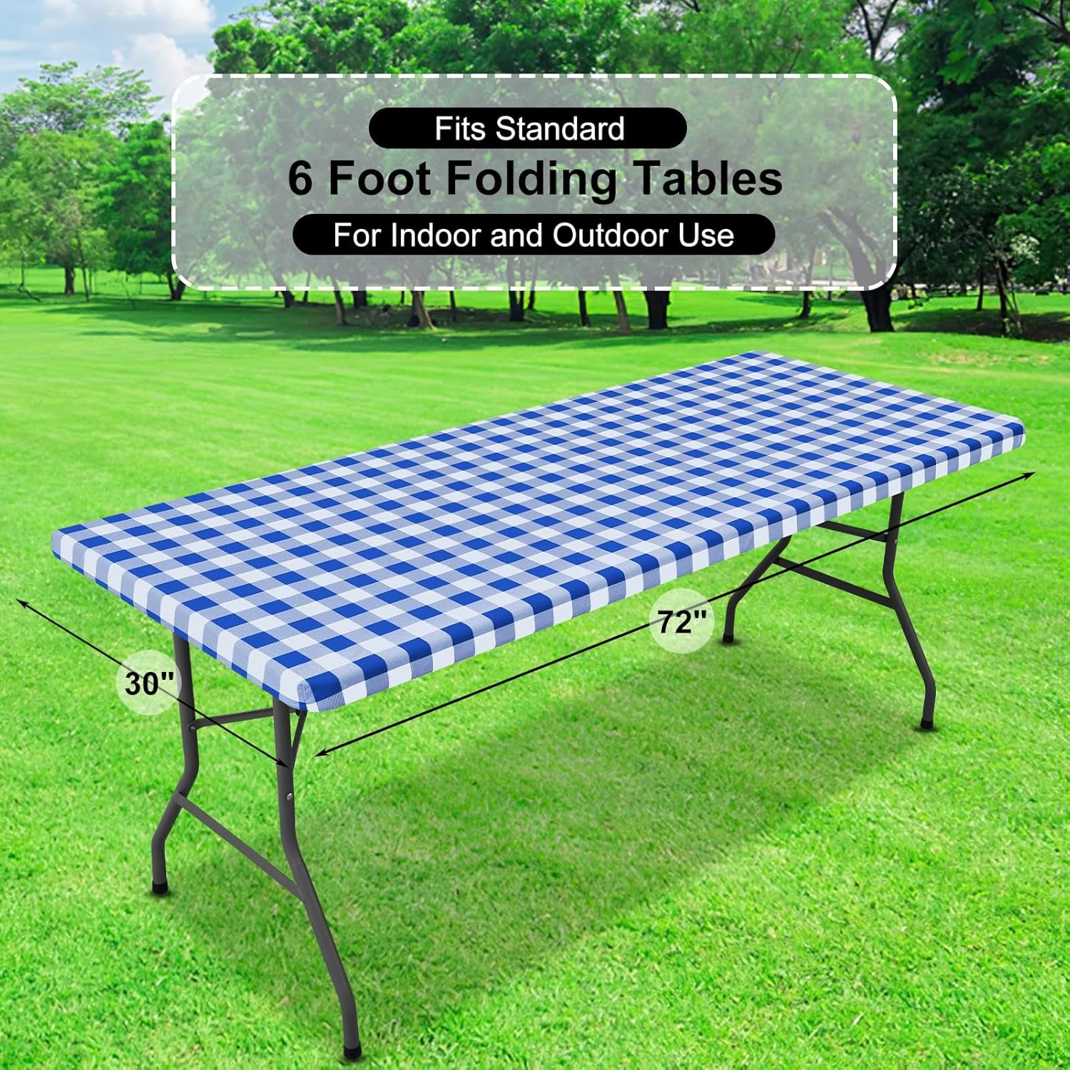 Buffalo Rectangle Picnic Tablecloth, 6 Foot Elastic Fitted Vinyl Table Cloth with Flannel Backing, Waterproof Plaid Table Covers for Dining, Camping, Outdoor (Blue and White, 30" X 72")