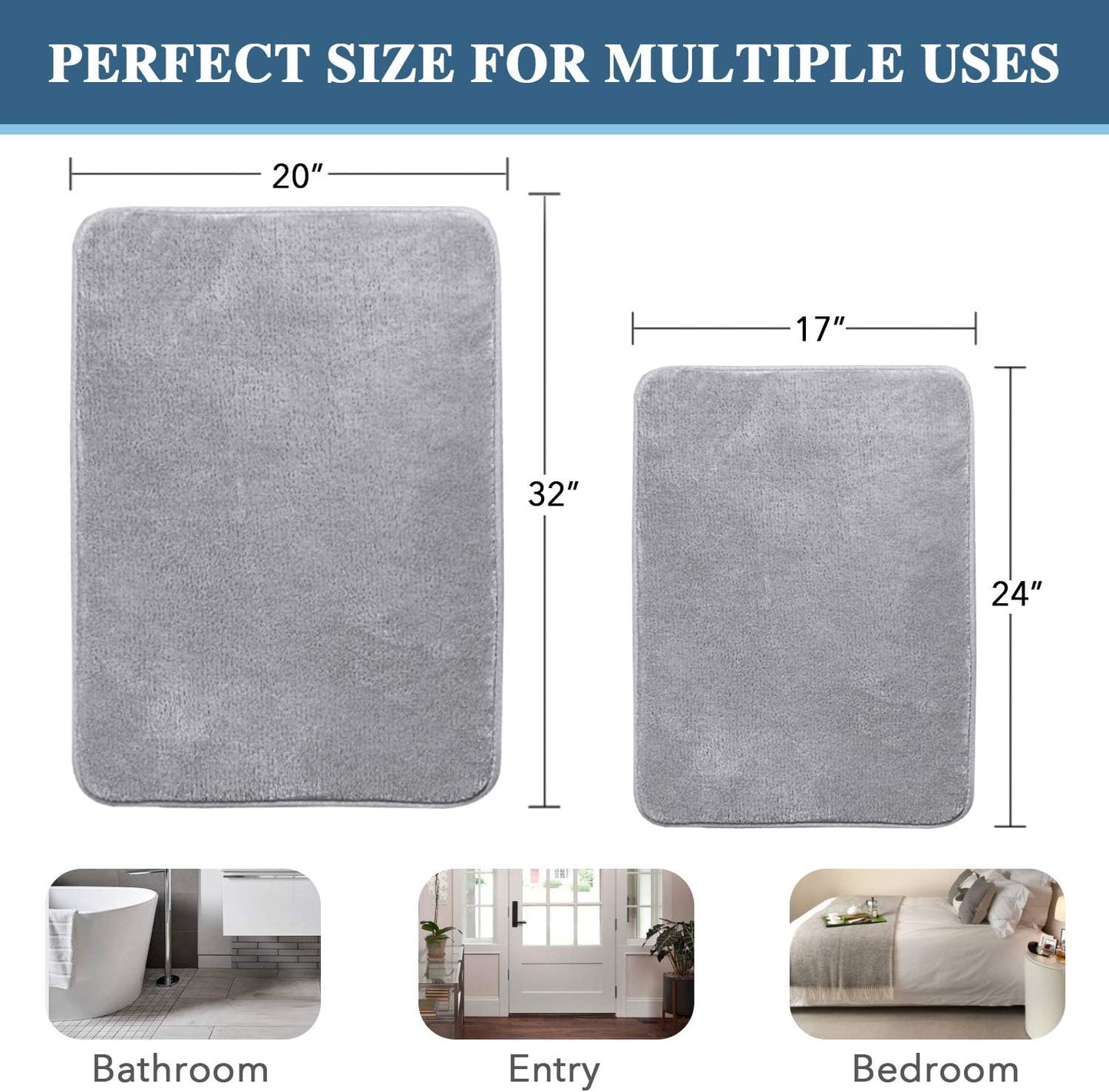 Bath Mat Memory Foam Set Bathroom Rug Set Flannel Velvety Bath Mat Luxury Extra Soft and Absorbent Non Slip Rugs for Bathroom/Bedroom Washable(2 Pack- 20"X 32"/ 17"X 24", Grey)