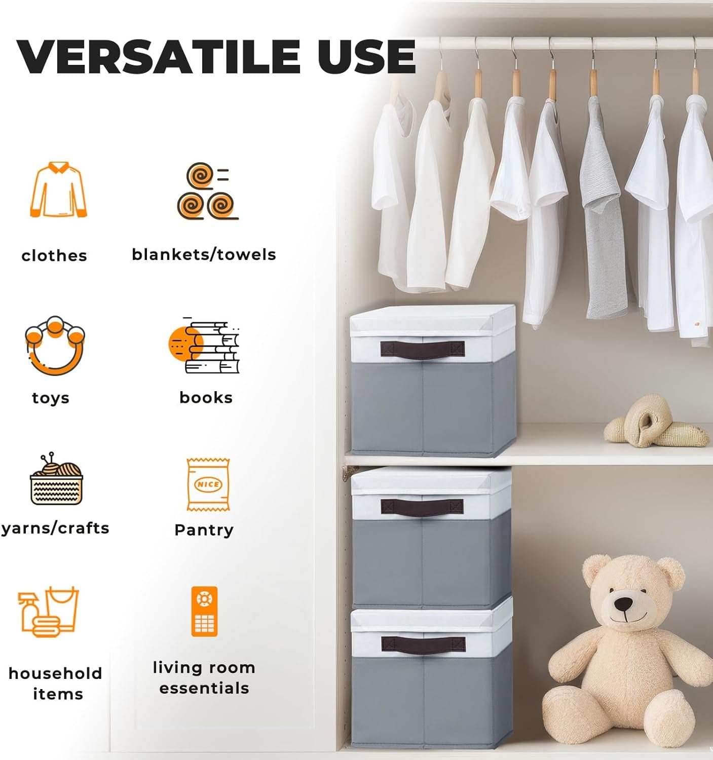 Large Storage Baskets Bins with Lids 4 Pack, Storage Baskets for Organizing Shelves Nursery Bedroom, Home Closet Organizers Cubes for Clothes Toys Blanket - Stackable & Sturdy -14X10X9.5