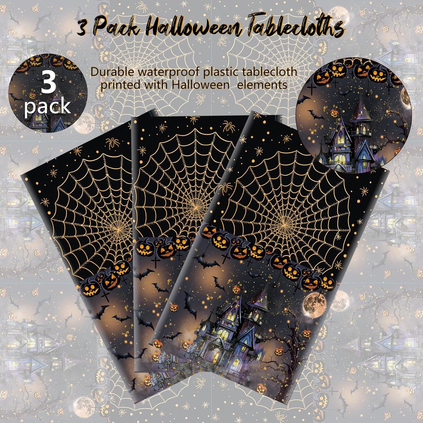 3 Packs Black Halloween Tablecloth 54 X 108 Inches Scary Castle Ghost Pumpkin Table Cloth Disposable Waterproof Plastic Bat Gold Spider Web Table Cover Trick or Treat for Halloween Party Dining