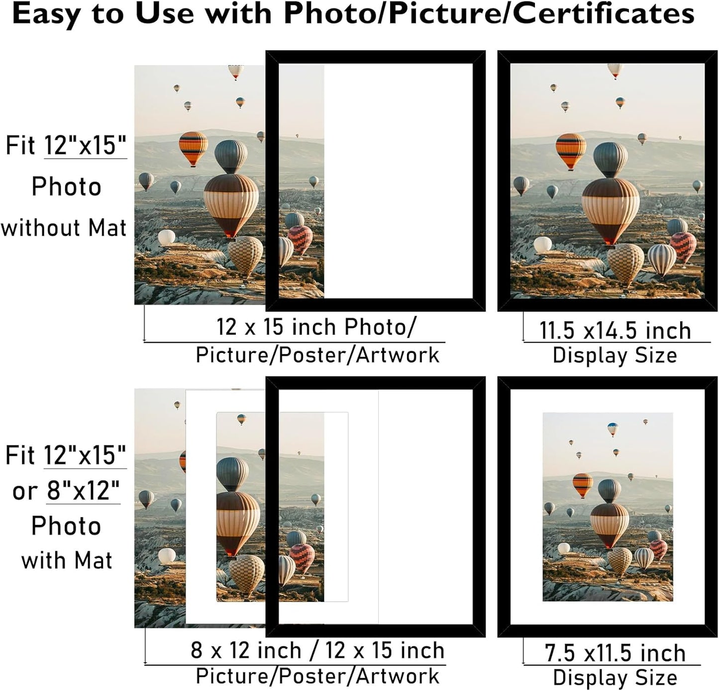 12X15 Picture Frame with Mat, Display 8X12 with Mat or 12 X 15 without Mat, Wood 12 by 15 Photo Frames for Wall Hanging, 1 Pack, Black