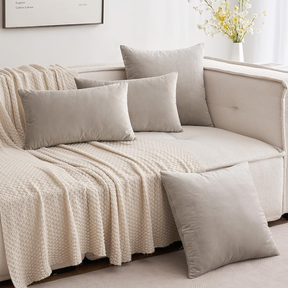 Pack of 2, Velvet Soft Solid Decorative Square Throw Pillow Covers Set Cushion Cases Pillowcases for Sofa Bedroom Car18 X 18 Inch 45 X 45 Cm Mix Pink and Grey