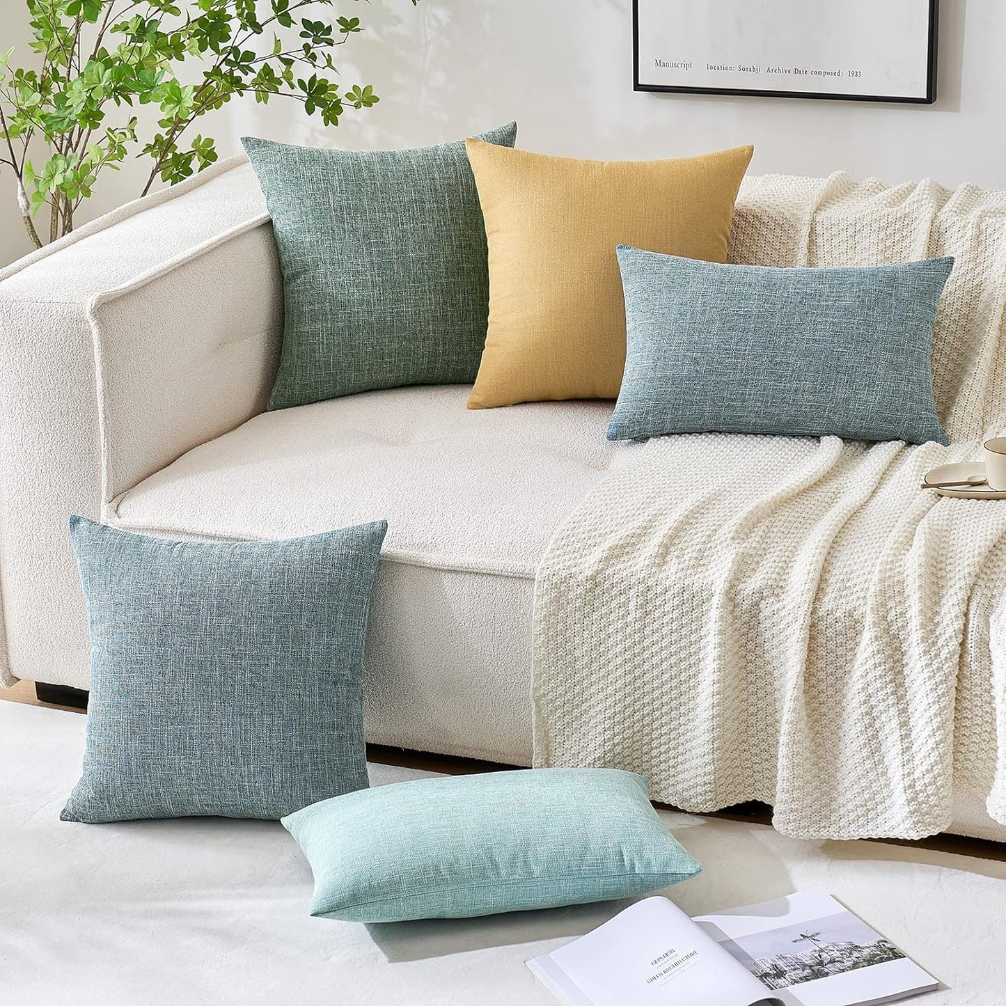 Set of 2 Sage Green Decorative Linen Burlap Pillow Covers for Farmhouse Boho Style, 16x16 Inch Accent Pillowcases for Sofa, Car, Couch, and Bedroom Decor