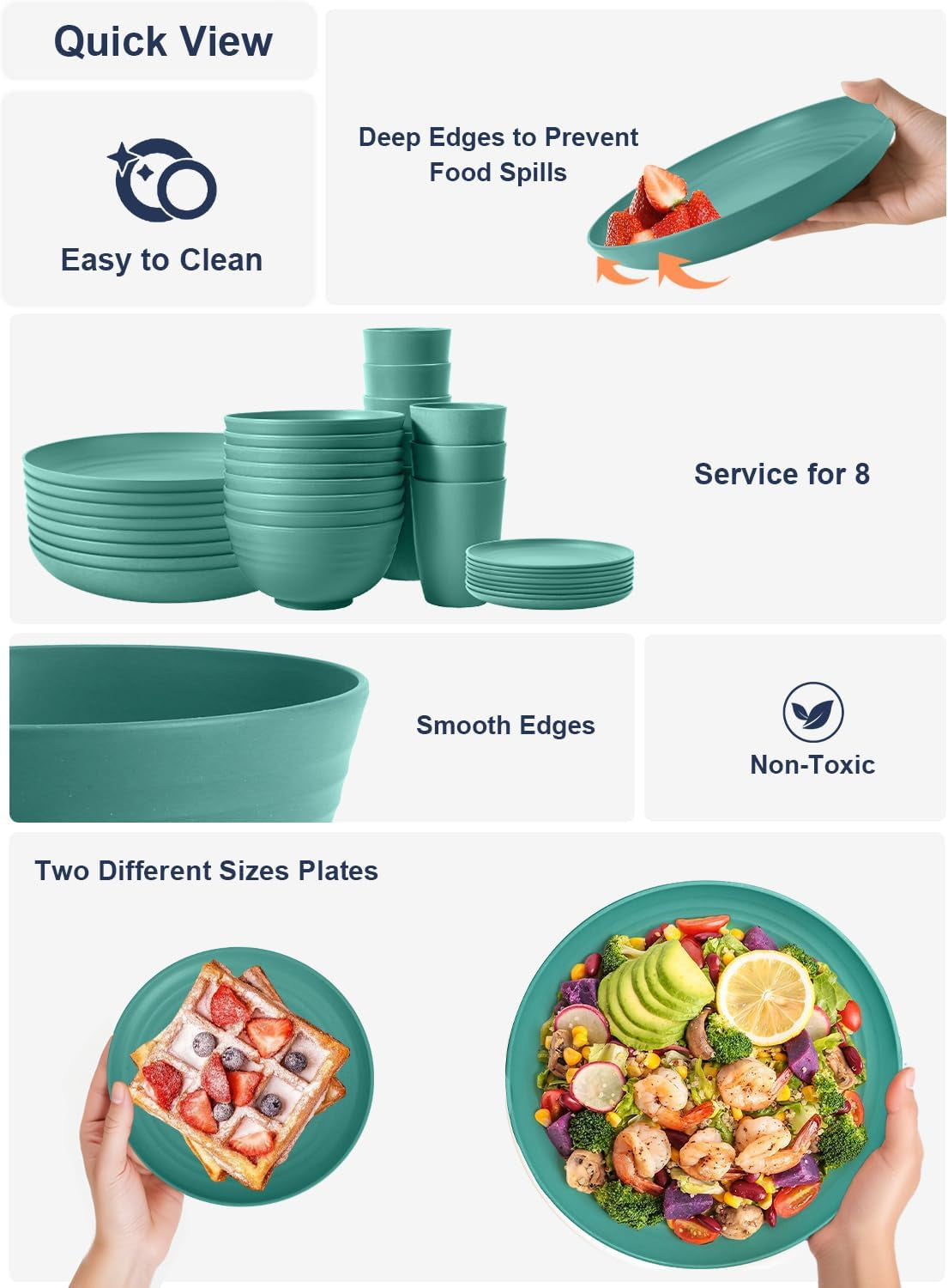 Wheat Straw 32-Piece Dinnerware Set for 8 - Durable and Lightweight Plates and Bowls for Camping, Outdoor Adventures, and RV Use, Microwave and Dishwasher Safe - Green