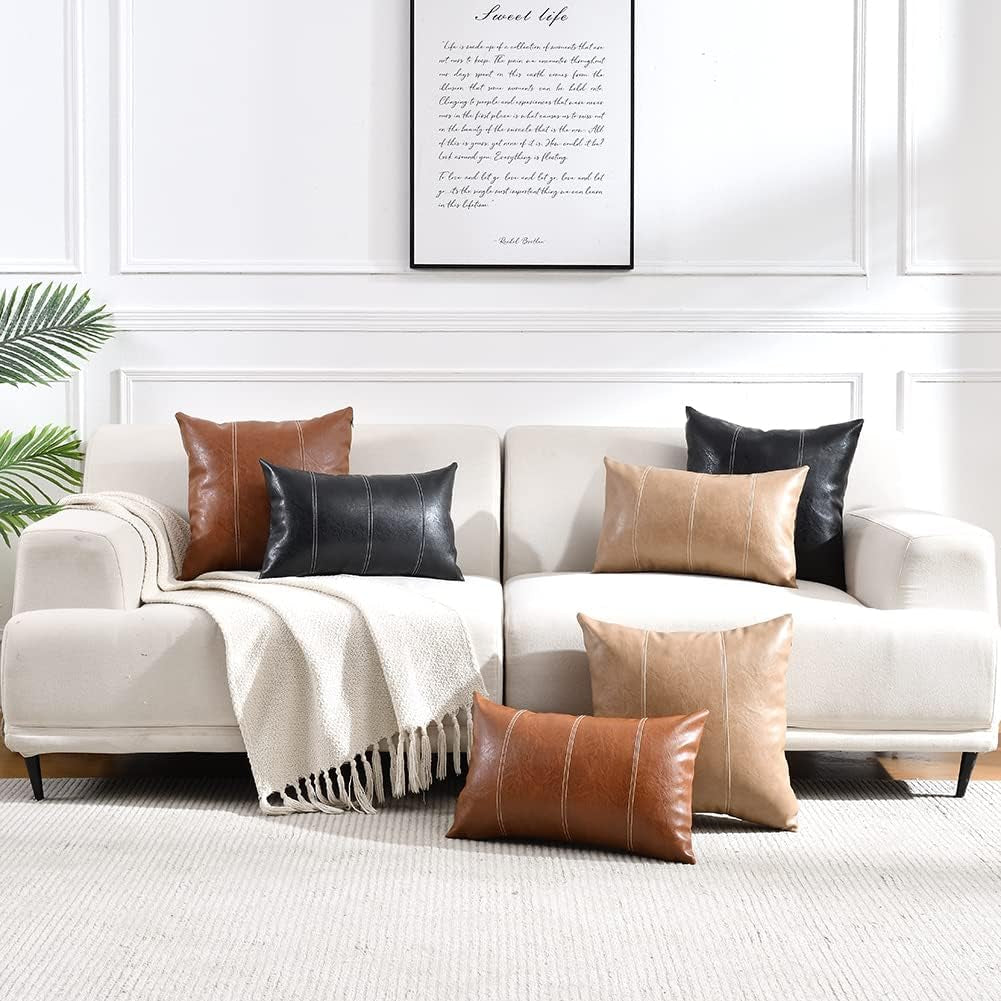 Tan Lumbar Waterproof Faux Leather Decorative Throw Pillow Covers 12X20 Inch for Living Room Couch Bed, Beige Hand Stitched Cushion Case 30X50 Cm, Taupe Modern Farmhouse Home Décor