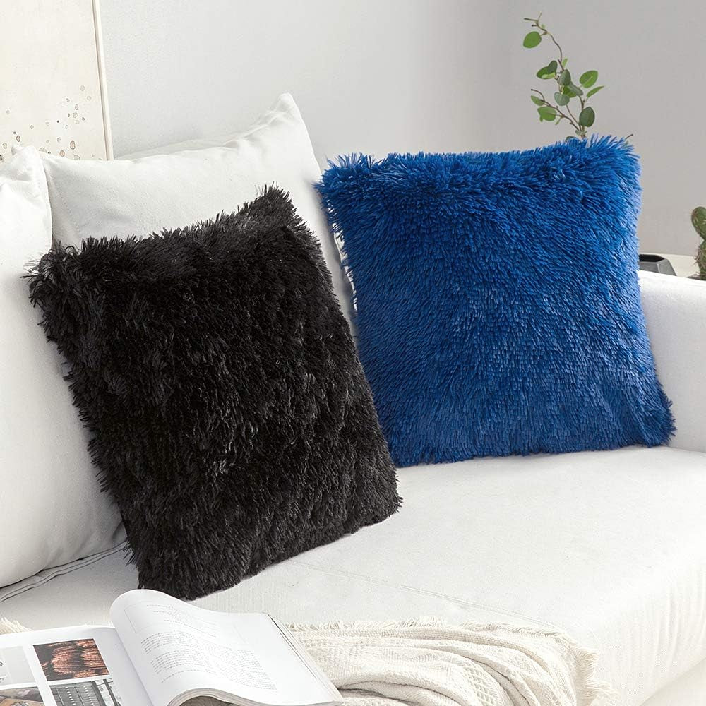 Pack of 2 Luxury Faux Fur Throw Pillow Cover Deluxe Winter Decorative Plush Pillow Case Cushion Cover Shell for Sofa Bedroom Car 18 X 18 Inch Black