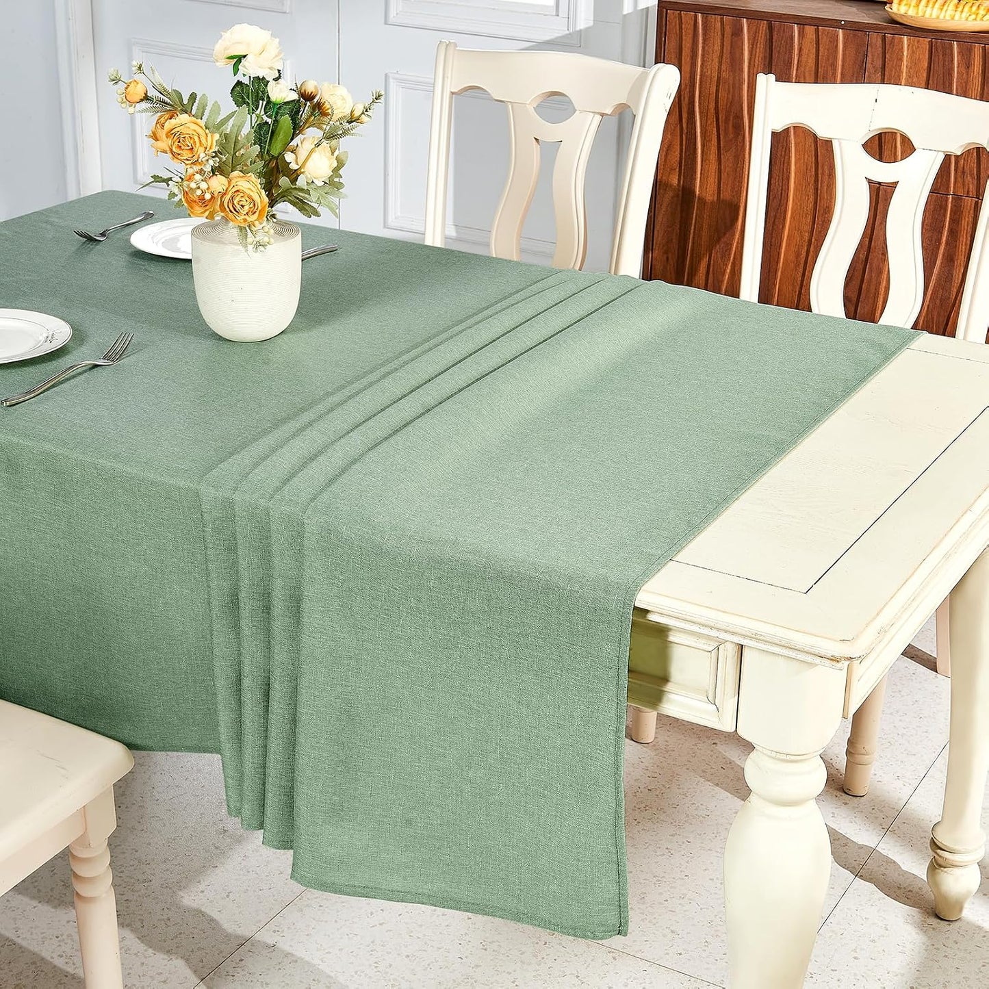 Textured Linen Table Cloth for Rectangle Tables - Sage Green Tablecloths Rectangular Waterproof Wrinkle Free Wipeable Dining Table Cover for Spring Wedding Birthday Kitchen Decor, 52 X 70 Inch