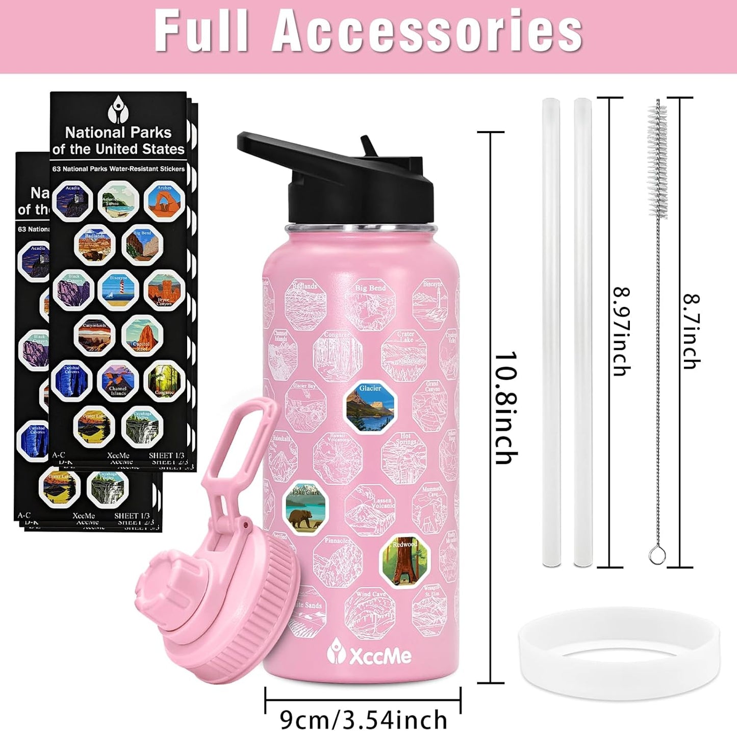 63 National Parks Water Bottle with Stickers,32 Oz Stainless Steel Insulated Water Bottle with Straw,2 Lids,Leak Proof Metal Water Bottle for Hiking,Travel,Sports,Camping,Wide Mouth Bottle