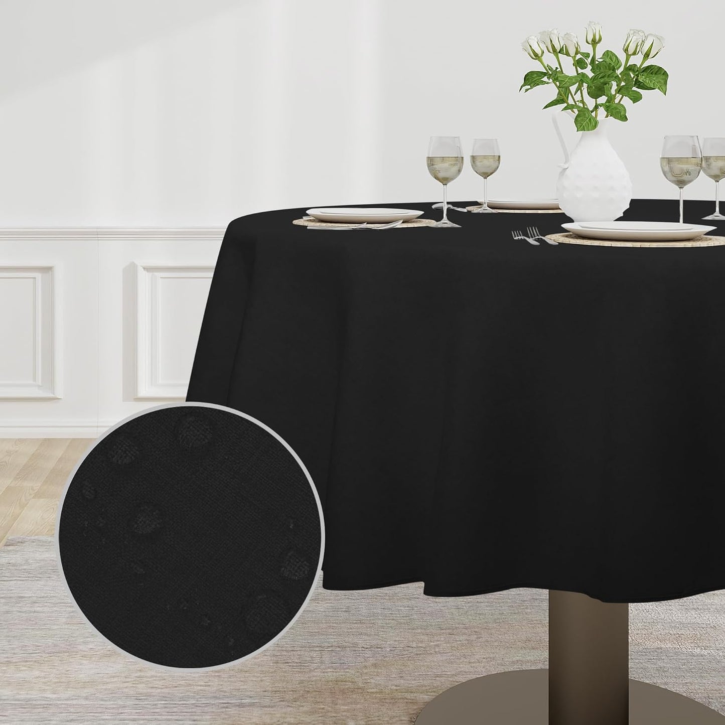 Faux Linen Waterproof Spill-Proof Tablecloth Stain Resistant round Table Cloth Wrinkle Free Decorative Fabric for Kitchen, Dining, Party, Weddings, Restaurants (70 In-Round, Black)