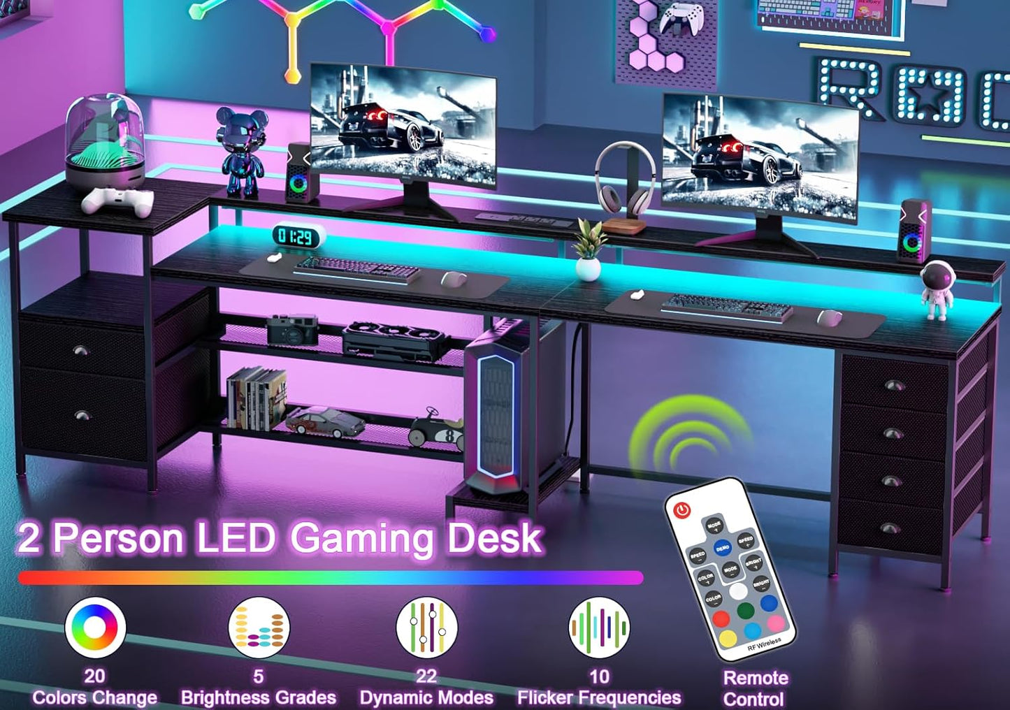 110 Inch 2 Person Desk, Long Two Person Gaming Desk with 6 Drawers & Storage Shelves, 66 Inch L-Shaped Desk with Power Outlets, LED Lights, Corner Table for Home Office, Black