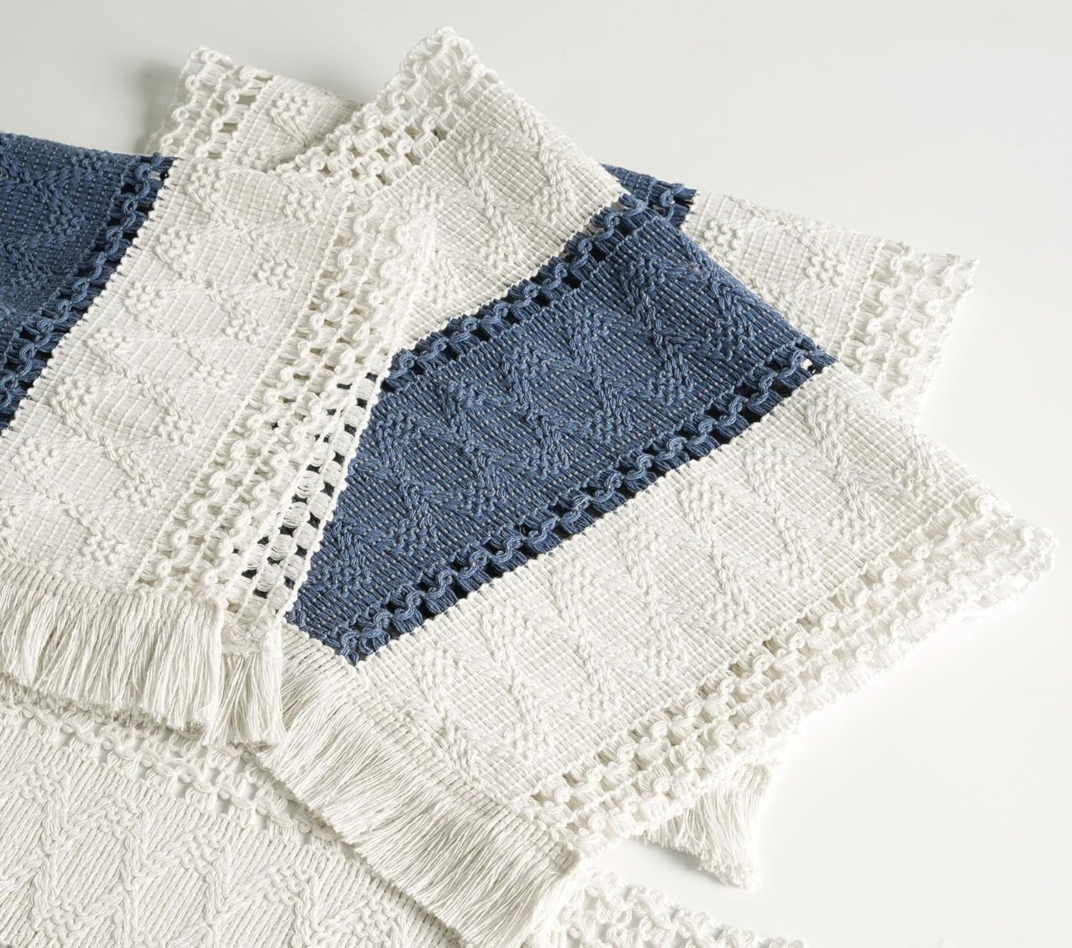 Blue Boho Placemats Set of 4, Macrame Table Decor and Farmhouse Style Placemats Natural Cotton Burlap, for Dining Table, Blue