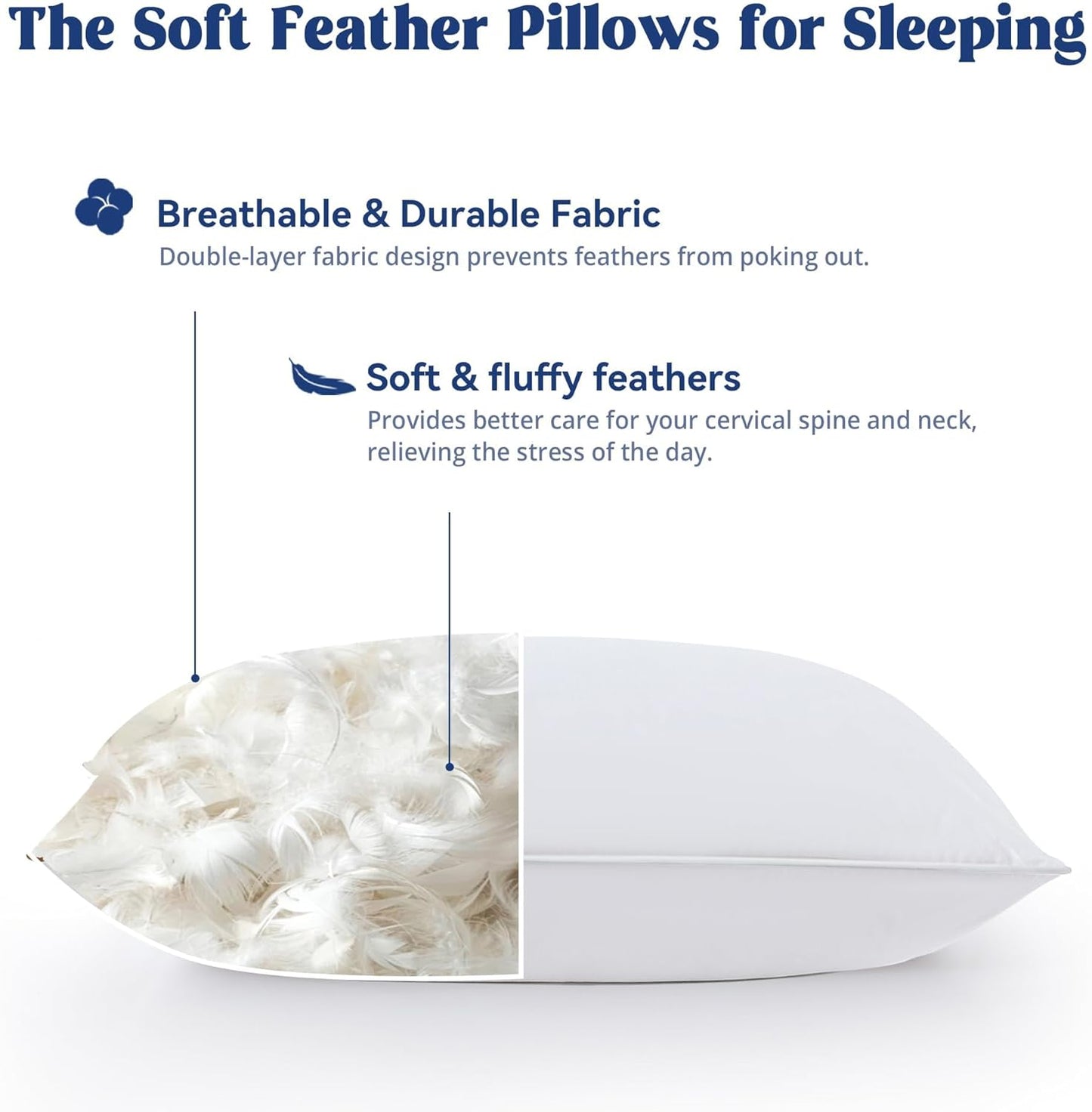 ® Goose Feather down Pillows King Size Set of 2, Soft Fluffy Luxury Hotel Collection Bed Pillow for Back, Stomach or Side Sleeper.