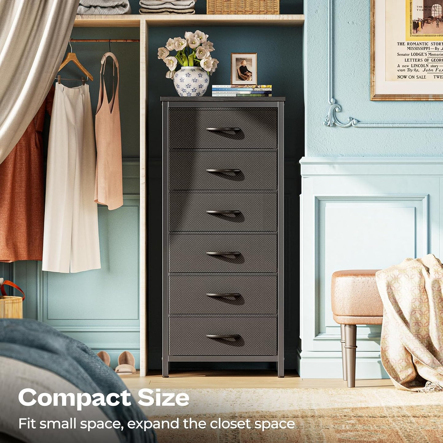 Tall Fabric Dresser with 6 Drawers and Metal Frame, Versatile Storage Solution for Bedroom, Closet, and Nightstand, Black