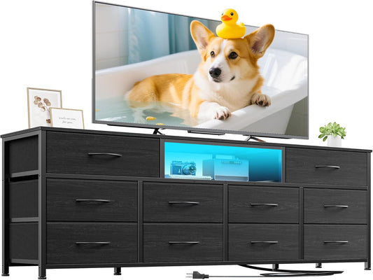 63-Inch Black Dresser and TV Stand for 65 to 75 Inch TVs, Featuring 10 Fabric Drawers, Power Outlet, and LED Lighting