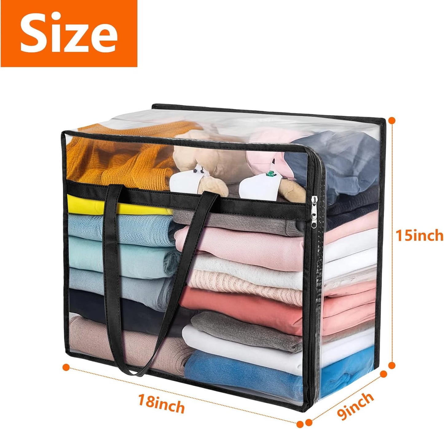 Clear Zippered Storage Bags for Clothes,40L Closet Organizers and Storage Containers Vinyl Moving Bag for Bedding, Linen, Blankets, Comforters, Clothing & Toys, Black, 2 Pack