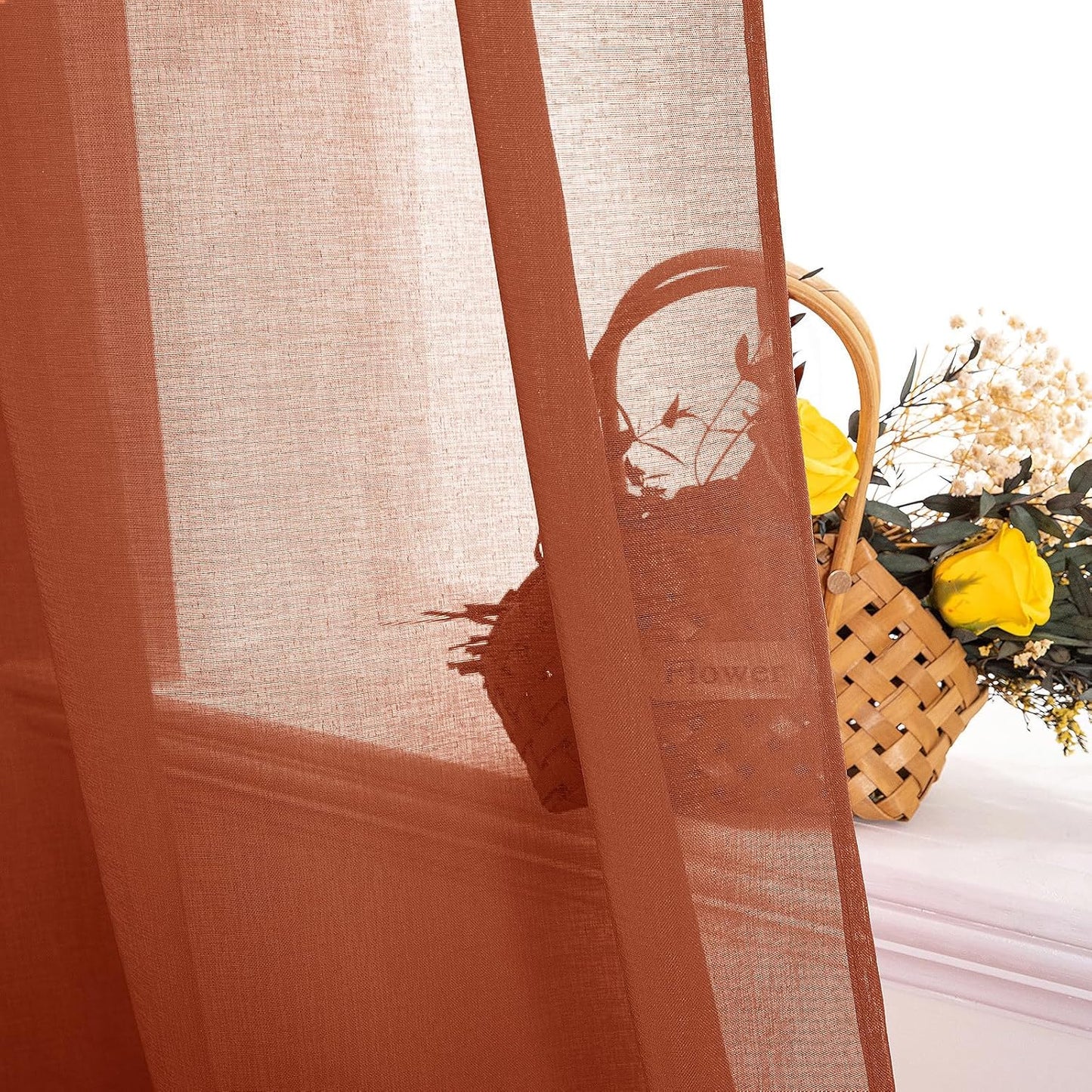 Terracotta Linen Textured Sheer Curtains 2 Panels for Kitchen/Bedroom/Living Room Semi Transparent Voile Drapes Rust Boho Farmhouse Fall Decor Window Panels Rod Pocket, W 54 X L 54 Inches Long